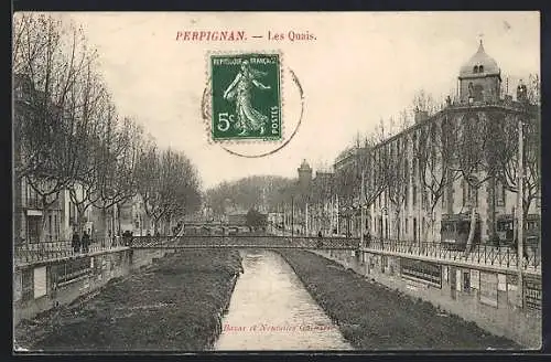 AK Perpignan, Les Quais et la rivière bordée d`arbres