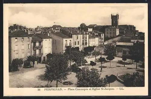 AK Perpignan, Place Cassanyes et Église St-Jacques