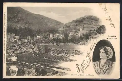 AK Amélie-les-Bains, Vue pittoresque sur la ville et portrait de Grisette Amélienne