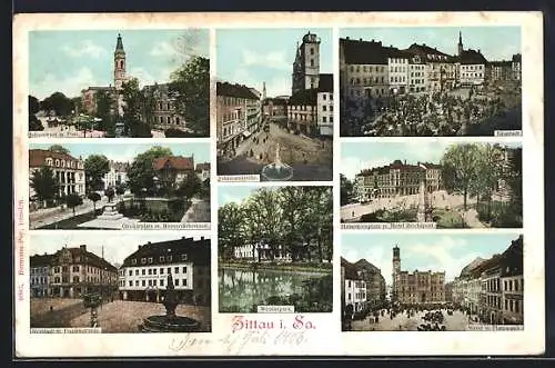 AK Zittau, Johanneum mit Post, Haberkornplatz mit Hotel Reichspost, Weinaupark, Strassenbahn