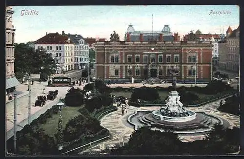 AK Görlitz, Postplatz mit Strassenbahn