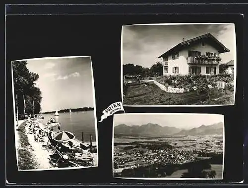 AK Prien /Chiemsee, Hotel W. u. J. Hefter, Neugartenstrasse 68, Strand und Gesamtansicht