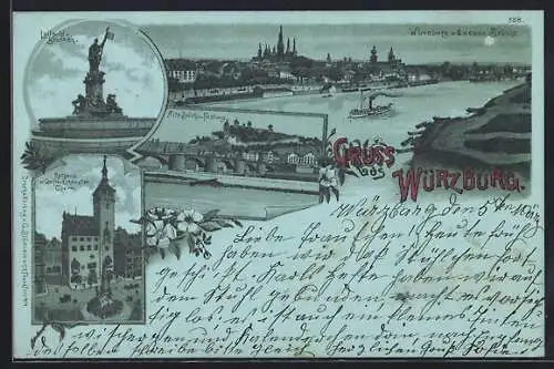 Mondschein-Lithographie Würzburg, Rathaus mit Gräfin Eckardts-Turm, Alte Brücke und Festung, Luitpold-Brunnen