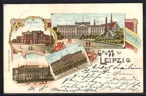 Lithographie Leipzig, Universität mit Mendebrunnen, Museum, Hauptpost