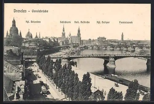 AK Dresden, Carolabrücke mit Fernheizwerk, Schlossturm und Königlichem Belvedere