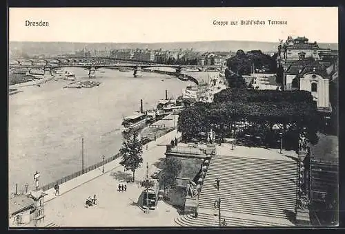 AK Dresden, Brühl`sche Terrasse mit Strassenbahn