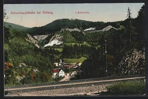 AK Triberg, Teilansicht mit Schwarzwaldbahn, Drei Bahnlinien