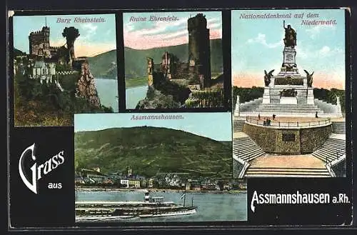 AK Assmannshausen a. Rh., Niederwald-Denkmal, Burg Rheinstein, Panorama