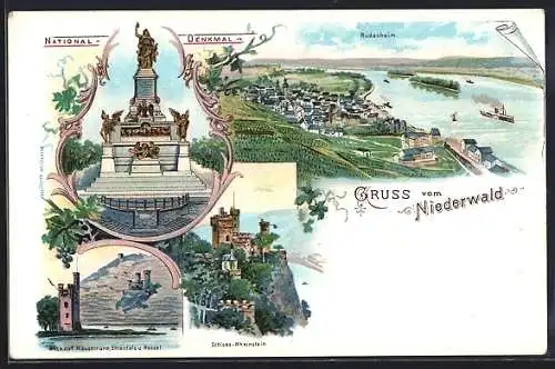 Lithographie Niederwald / Rhein, National-Denkmal, Blick auf Rüdesheim, Schloss Rheinstein