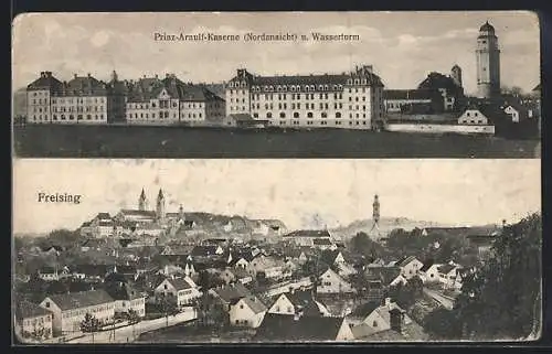 AK Freising, Nordansicht der Prinz-Arnulf-Kaserne und Wasserturm, Ortsansicht