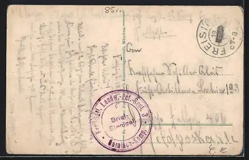 AK Freising, Nordansicht der Prinz-Arnulf-Kaserne und Wasserturm, Ortsansicht