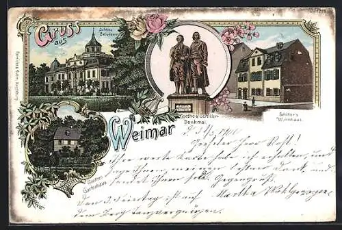 Lithographie Weimar / Thüringen, Schillers Wohnhaus, Goethes Gartenhaus