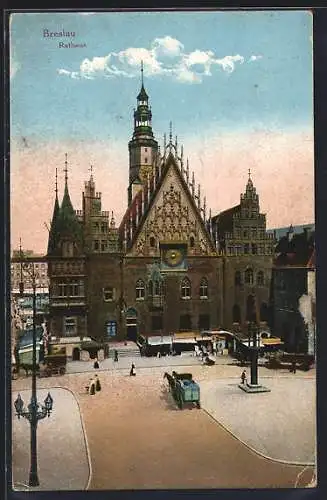 AK Breslau, Rathaus mit Fuhrwerken auf dem Vorplatz