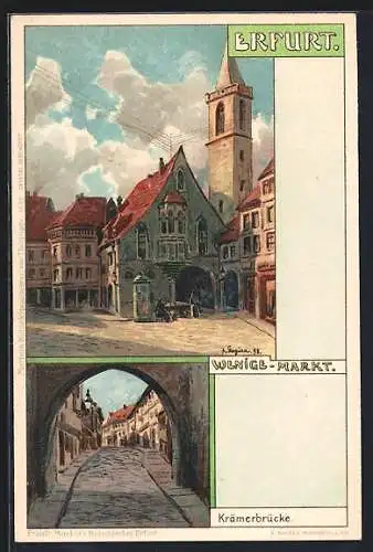 Künstler-Lithographie Albert Stagura: Erfurt, Wenige-Markt, Krämerbrücke