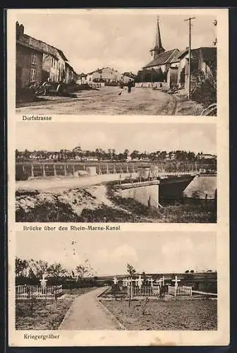 AK Gerden, Dorfstrasse, Brücke über den Rhein-Marne-Kanal, Kriegergräber