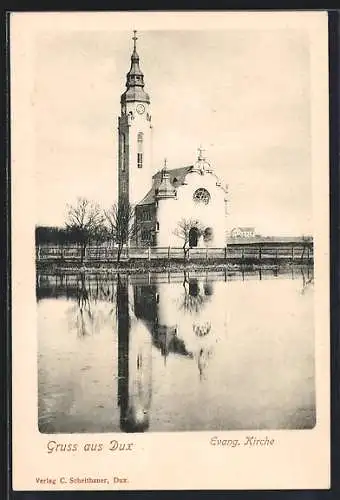 AK Dux / Duchcov, See an der evangl. Kirche