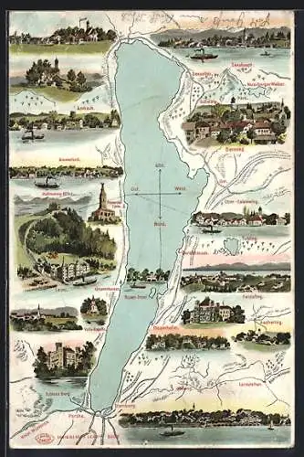 AK Starnberg, Karte des Starnberger Sees mit Motiven der Ortschaften am Seeufer