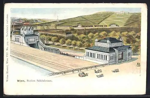 Lithographie Wien, Bahnhof Schönbrunn, Ortsansicht aus der Vogelschau