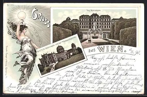 Lithographie Wien, Das Belvedere, K.K. Sternwarte, Frau in Tuch gehüllt hält eine leuchtende Lampe