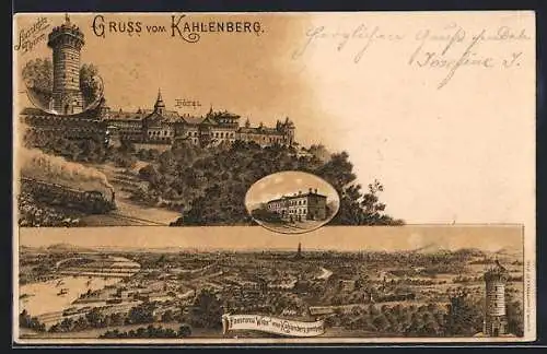 Lithographie Wien, Hotel, Aussichtsturm auf dem Kahlenberg, Ortspanorama