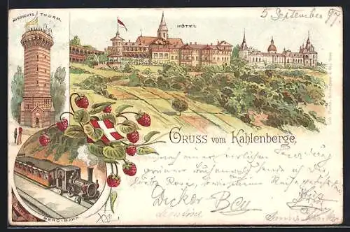 Lithographie Wien, Kahlenberg, Hotel, Aussichtsturm und Bergbahn