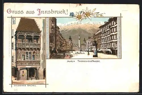 Lithographie Innsbruck, Goldenes Dachel und Maria Theresienstrasse