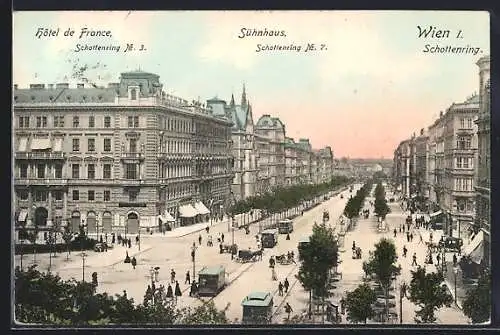 AK Wien I, das Hotel de Franze auf dem Schottenring, STrassenbahnen unterwegs