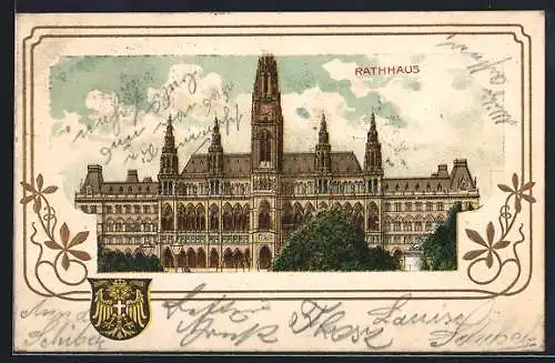 Lithographie Wien I, Parlament, Rathaus, vor dem Rathaus, das Wappen