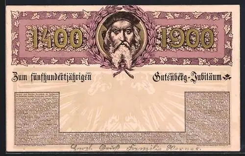 AK Fünfhundertjähriges Gutenberg-Jubiläum 1900, Portrait v. Gutenberg