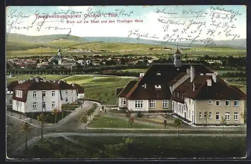 AK Ohrdruf i. Thür., Truppenübungsplatz, Blick auf den Ort und den Thüringer Wald