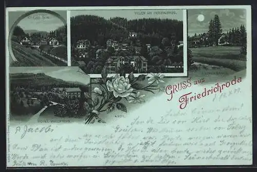 Mondschein-Lithographie Friedrichroda, Hotel Waldhaus, Villen am Herzogsweg, Klostermühle