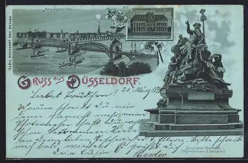 Mondschein-Lithographie Düsseldorf, Ständehaus, Neue Rheinbrücke, Provinzial-Denkmal