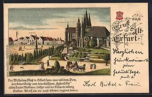 Lithographie Erfurt, Wilhelmsplatz im Jahr 1800 mit Dom und Gasthaus Hohe Lilie