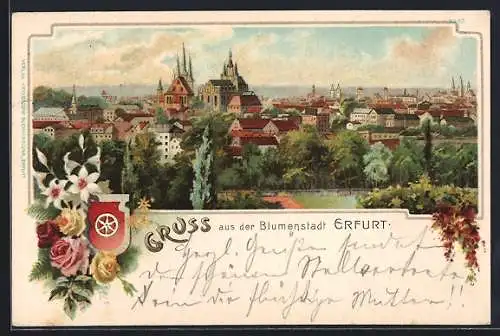 AK Erfurt, Panorama mit Wappen und Blumen