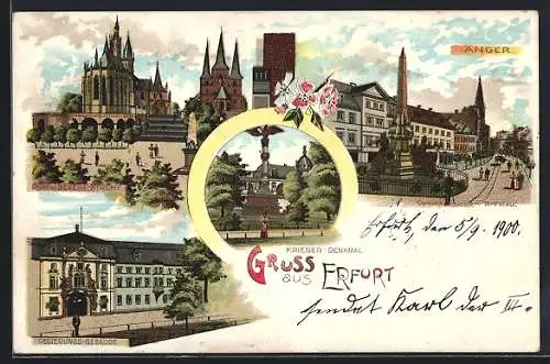 Lithographie Erfurt, Dom und Severikirche, Regierungsgebäude, Kriegerdenkmal, Anger