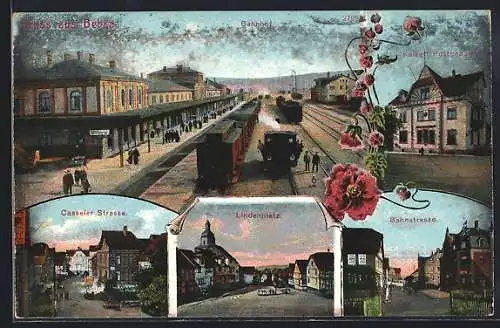 AK Bebra, Bahnhof mit Reisenden auf dem Bahnsteig, Kaiserliches Postgebäude