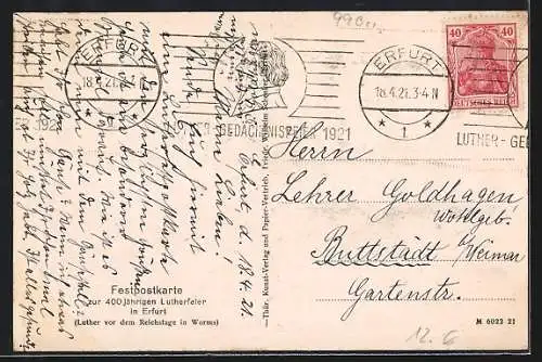 Passepartout-AK Erfurt, 400 jährige Lutherfeier, Augustinerkirche, Denkmal