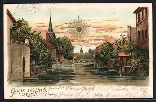 Sonnenschein-AK Erfurt, Ortsansicht mit Brücke, Im Venedig