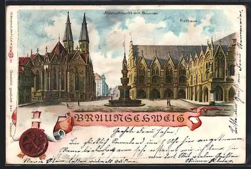 Lithographie Braunschweig, Rathaus, Altstadtmarkt mit Brunnen, Siegel