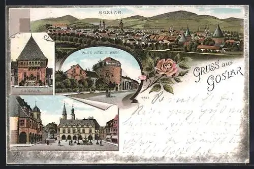 Lithographie Goslar, Pauls Hotel und Turm, Marktplatz mit Rathaus, Gildehaus, Panorama