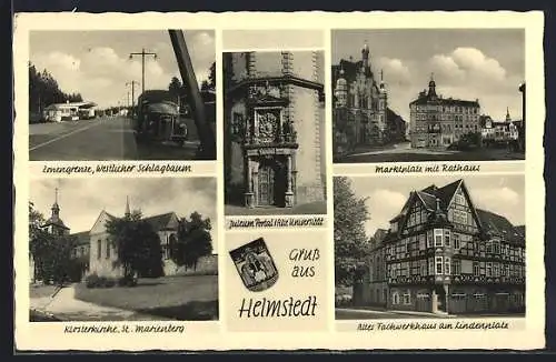 AK Helmstedt, Marktplatz, Innengrenze Westlicher Schlagbaum, Wappen