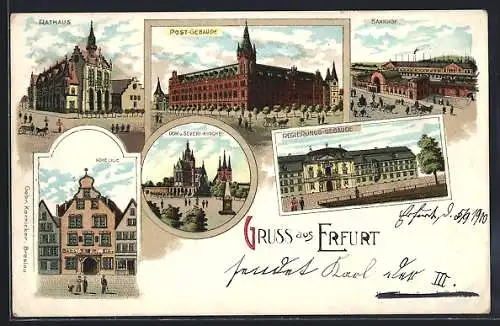 Lithographie Erfurt, Warenhaus L. Pinthus, Bahnhof, Post