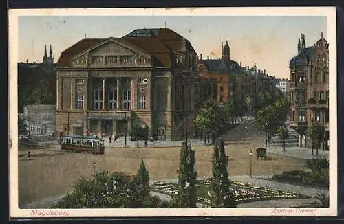 AK Magdeburg, Zentral-Theater, Strassenbahn