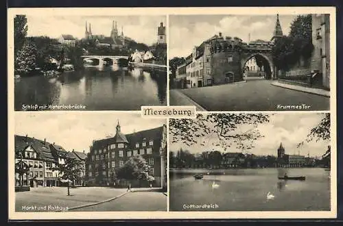 AK Merseburg, Schloss mit Waterloobrücke, Krummes Tor, Gotthardtteich