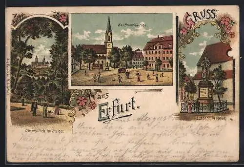 Lithographie Erfurt, Durchblick mit Steiger, Kaufmannskirche