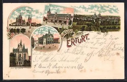 Lithographie Erfurt, Rathaus, Post, Dom und St. Severikirche, Totalansicht