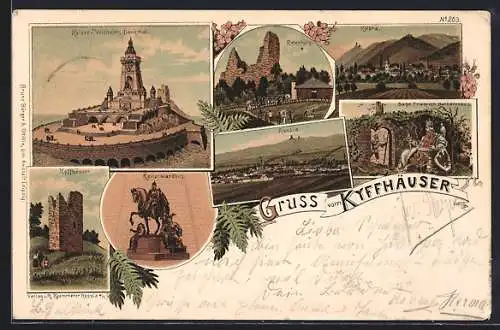 Lithographie Rossla, Kyffhäuser, Barbarossa, Kaiser Wilhelm Denkmal, Rotenburg, Reiterstandbild