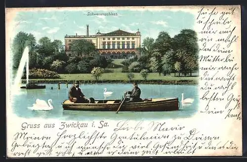 AK Zwickau i. Sa., Schwanenschloss mit Ruderpartie