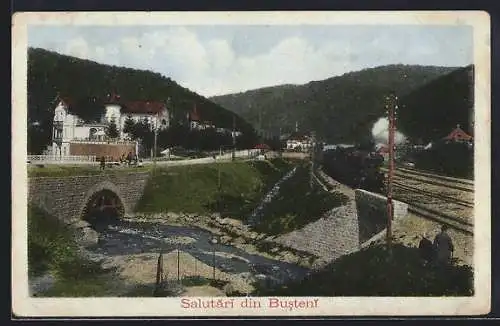 AK Busteni, Teilansicht mit Brücke und Eisenbahn