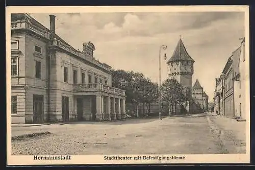 AK Hermannstadt, Stadttheater mit Befestigungstürmen